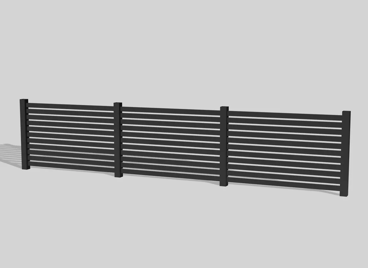 4 ft horizontal slat steel fence with powder-coated black finish